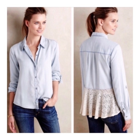 Anthropologie Tops - ANTHRO HOLDING HORSES Chambray Lace Hi Low Top XS